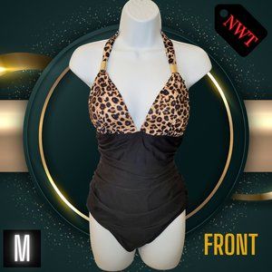 Medium NWT Black Leopard Print One Piece Swimsuit with Tie Neck and Gold Accents